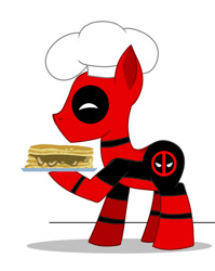Size: 798x1001 | Tagged: safe, artist:knackmaster77, pony, 2017, chef's hat, crossover, deadpool, food, hat, marvel, old art, pancakes, ponified, simple background, solo, white background