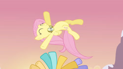 Size: 3410x1920 | Tagged: safe, screencap, fluttershy, pegasus, pony, g4, hurricane fluttershy, season 2, ^^, cute, eyes closed, female, goggles, high res, male, mare, offscreen character, shyabetes, smiling, solo focus, stallion