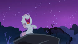 Size: 3410x1920 | Tagged: safe, screencap, sweetie belle, pony, unicorn, g4, season 3, sleepless in ponyville, female, filly, foal, high res, looking up, night, nose in the air, open mouth, open smile, smiling, solo, volumetric mouth