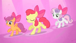 Size: 3410x1920 | Tagged: safe, screencap, apple bloom, scootaloo, sweetie belle, earth pony, pegasus, pony, unicorn, g4, season 4, somepony to watch over me, adorabloom, apple bloom's bow, blank flank, bow, cute, cutealoo, cutie mark crusaders, diasweetes, eyes closed, female, filly, foal, hair bow, high res, smiling, spread wings, trio, trio female, wings