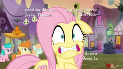 Size: 3410x1920 | Tagged: safe, screencap, aquamarine, fluttershy, gallop j. fry, peach fuzz, earth pony, pegasus, pony, g4, scare master, season 5, ^^, colt, eyes closed, female, filly, floppy ears, foal, futurama, gritted teeth, high res, male, mare, pinpoint eyes, smiling, solo focus, teeth