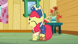 Size: 3410x1920 | Tagged: safe, screencap, apple bloom, earth pony, pony, g4, on your marks, season 6, adorabloom, boots, clubhouse, cowboy boots, cowboy hat, crusaders clubhouse, cute, female, filly, foal, hat, high res, looking at you, one eye closed, open mouth, open smile, shoes, smiling, smiling at you, solo, wink, winking at you