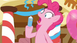 Size: 3410x1920 | Tagged: safe, screencap, pinkie pie, earth pony, pony, g4, it isn't the mane thing about you, season 7, balloon, cold opening, female, high res, mare, open mouth, solo, sugarcube corner