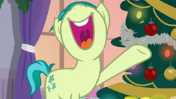 Size: 3410x1920 | Tagged: safe, screencap, sandbar, earth pony, pony, g4, season 8, the hearth's warming club, christmas, christmas tree, high res, holiday, male, nose in the air, open mouth, open smile, school of friendship, smiling, solo, stallion, tree, volumetric mouth