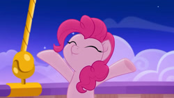 Size: 3410x1920 | Tagged: safe, screencap, pinkie pie, earth pony, pony, g4, my little pony: rainbow roadtrip, cute, diapinkes, eyes closed, female, high res, hot air balloon, mare, night, smiling, solo, twinkling balloon