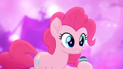 Size: 3410x1920 | Tagged: safe, screencap, pinkie pie, earth pony, pony, g4, my little pony: rainbow roadtrip, female, high res, mare, microphone, smiling, solo