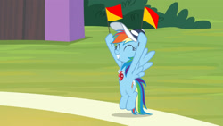 Size: 3410x1920 | Tagged: safe, screencap, rainbow dash, pegasus, pony, 2 4 6 greaaat, g4, season 9, ^^, cap, coach rainbow dash, cute, dashabetes, eyes closed, female, flag, flying, grin, hat, high res, mare, rainbow dashs coaching whistle, smiling, solo, spread wings, whistle, whistle necklace, wings