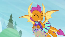 Size: 3410x1920 | Tagged: safe, screencap, smolder, dragon, 2 4 6 greaaat, g4, season 9, ^^, cheerleader, cheerleader outfit, cheerleader smolder, clothes, cute, dragoness, eyes closed, female, flying, high res, smiling, smolderbetes, solo, spread wings, wings
