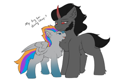Size: 2522x1667 | Tagged: safe, artist:beardie, king sombra, oc, oc:pixel codec, pegasus, pony, unicorn, g4, blushing, canon x oc, chest fluff, cuddling, dialogue, gay, gradient hooves, male, pegasus oc, simple background, stallion, text, transparent background, wings