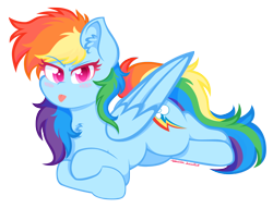 Size: 1250x953 | Tagged: safe, artist:vanillaswirl6, rainbow dash, pegasus, pony, g4, :p, blushing, ear fluff, ears up, female, hair, lying down, mane, mare, multicolored hair, pink eyes, rainbow hair, rainbow tail, simple background, solo, tail, tongue out, transparent background, wings