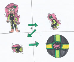 Size: 1280x1086 | Tagged: safe, artist:spaton37, fluttershy, human, equestria girls, g4, ball, barefoot, feet, flutterball, fluttershy's wetsuit, human coloration, morph ball, simple background, traditional art, transformation, transformation sequence, wetsuit, white background