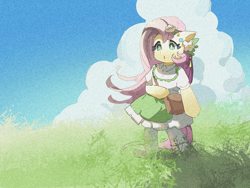 Size: 2160x1620 | Tagged: safe, artist:lendftcn, fluttershy, pegasus, semi-anthro, g4, arm hooves, clothes, cottagecore, cute, dress, female, flower, flower in hair, grass, mare, purse, shyabetes, solo, sundress