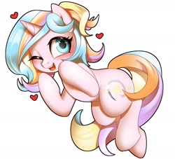 Size: 2200x2000 | Tagged: safe, artist:renokim, oc, oc only, oc:oofy colorful, pony, unicorn, bipedal, floating heart, heart, high res, one eye closed, open mouth, simple background, solo, white background