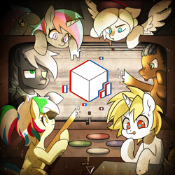 Size: 1800x1800 | Tagged: dead source, safe, artist:renokim, oc, oc only, oc:jungle drum, oc:tcb, earth pony, pegasus, pony, unicorn, album cover, cube, group, light, surrounded