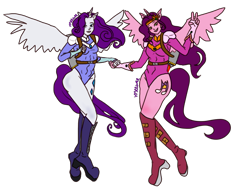 Size: 1400x1100 | Tagged: safe, artist:roseewee, pipp petals, rarity, alicorn, human, anthro, g5, alicorn humanization, alicornified, clothes, duo, duo female, female, flying, happy, holding hands, horn, horned humanization, humanized, jetpack, leotard, pippcorn, race swap, raricorn, simple background, transparent background, winged humanization, wings
