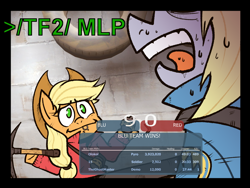 Size: 1600x1200 | Tagged: safe, applejack, derpy hooves, earth pony, pegasus, pony, g4, /mlp/ tf2 general, bipedal, grenade, imminent explosion, pickaxe, soldier, soldier (tf2), sweat, taunt, team fortress 2, this will end in explosions