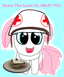 Size: 1000x1202 | Tagged: safe, nurse redheart, g4, /mlp/ tf2 general, food, looking at you, medic, medic (tf2), sandvich, smiling, smiling at you, team fortress 2