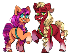 Size: 1300x1000 | Tagged: safe, artist:eqq_scremble, derpibooru exclusive, sprout cloverleaf, sunny starscout, earth pony, pony, g5, adopted, alternate universe, braid, brother and sister, duo, female, long hair, male, siblings, simple background, star siblings au, white background