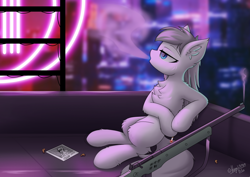 Size: 3508x2480 | Tagged: safe, artist:hugo231929, derpibooru exclusive, oc, oc only, oc:perl tech, earth pony, pony, assassin, assassination, blurry background, bounty hunter, chest fluff, cigarette, city, cityscape, ear fluff, fluffy, gun, high res, hooves, looking up, photo, rifle, rooftop, smoke, smoking, sniper, sniper rifle, solo, story included, weapon