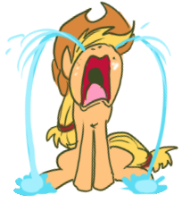 Size: 204x227 | Tagged: safe, artist:jowyb, edit, applejack, earth pony, pony, g4, applejack's hat, cowboy hat, cropped, crying, crying on the outside, female, freckles, frown, hat, mare, nose in the air, ocular gushers, open mouth, sad, simple background, sitting, volumetric mouth, white background