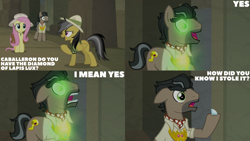 Size: 4400x2475 | Tagged: safe, edit, edited screencap, editor:quoterific, screencap, daring do, doctor caballeron, fluttershy, earth pony, pegasus, pony, daring doubt, diamond, female, glowing, glowing eyes, male, mare, open mouth, safari hat, stallion, trio