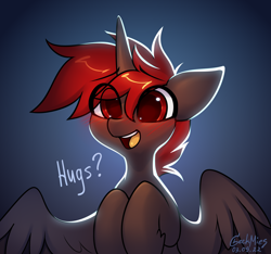 Size: 3200x3000 | Tagged: safe, artist:gicme, oc, oc only, oc:hardy, alicorn, pony, alicorn oc, blushing, eye clipping through hair, high res, horn, hug request, hugs?, looking at you, male, open mouth, open smile, smiling, solo, stallion, wings
