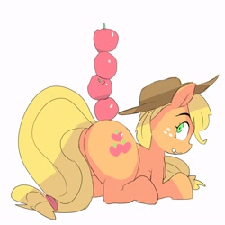 Size: 2500x2500 | Tagged: safe, artist:baigak, applejack, earth pony, pony, g4, apple, applebutt, applejack's hat, balancing, butt, cowboy hat, female, food, grin, hat, high res, looking at something, looking back, lying down, mare, plot, prone, simple background, smiling, solo, white background