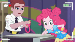 Size: 640x360 | Tagged: safe, screencap, pinkie pie, human, equestria girls, five lines you need to stand in, g4, my little pony equestria girls: better together, animated, balloon, security guard, that pony sure does love balloons