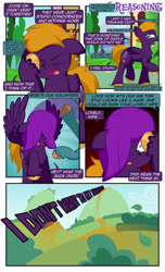 Size: 1920x3168 | Tagged: safe, artist:alexdti, oc, oc:dark purple, oc:purple creativity, pegasus, pony, comic:the dark purple, chest fluff, comic, dialogue, ears back, eyes closed, facehoof, folded wings, hair over one eye, high res, hooves, male, offscreen character, open mouth, outdoors, pegasus oc, pinpoint eyes, raised hoof, solo, speech bubble, spread wings, stallion, unshorn fetlocks, wings