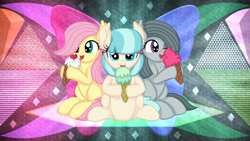 Size: 3840x2160 | Tagged: safe, artist:cyanlightning, artist:laszlvfx, edit, coco pommel, fluttershy, marble pie, earth pony, pegasus, pony, g4, food, high res, ice cream, the council of shy ponies, wallpaper, wallpaper edit