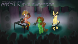 Size: 1920x1080 | Tagged: safe, artist:linkslove, oc, oc only, oc:chichi, oc:metajoker, earth pony, pony, unicorn, album cover, crowd, female, headphones, keyboard, male, mare, microphone, musical instrument, stallion, turntable