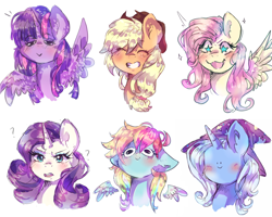 Size: 5000x4000 | Tagged: safe, artist:chocori, applejack, fluttershy, rainbow dash, rarity, trixie, twilight sparkle, alicorn, pegasus, pony, unicorn, g4, absurd resolution, blushing, bust, clothes, eyes closed, faic, female, floppy ears, grin, hat, looking at you, mare, portrait, question mark, simple background, sketch, smiling, spread wings, starry eyes, trixie's hat, twilight sparkle (alicorn), wat, white background, wing hands, wingding eyes, wings, woll smoth
