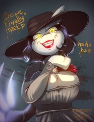 Size: 2000x2600 | Tagged: safe, artist:twisoft, rarity, unicorn, anthro, g4, arm hooves, big breasts, breasts, busty rarity, claw, cleavage, clothes, dialogue, dress, ear piercing, earring, female, flower, glowing, glowing eyes, grin, hat, heart, high res, jewelry, lady dimitrescu, lidded eyes, lipstick, looking at you, mare, piercing, ponified, red lipstick, smiling, smiling at you, solo