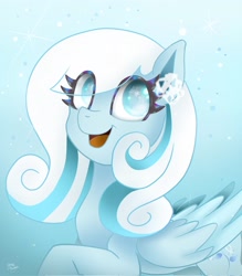 Size: 1792x2048 | Tagged: safe, artist:petaltwinkle, oc, oc:snowdrop, pegasus, pony, eye clipping through hair, eye reflection, female, filly, foal, open mouth, open smile, reflection, smiling, snow, snowflake, solo