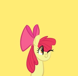 Size: 549x540 | Tagged: safe, artist:petaltwinkle, apple bloom, earth pony, pony, g4, eye clipping through hair, female, filly, foal, one eye closed, simple background, solo, wink, yellow background