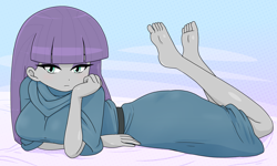 Size: 2104x1265 | Tagged: safe, artist:batipin, part of a set, maud pie, human, equestria girls, g4, barefoot, breasts, busty maud pie, feet, feet in the air, female, looking at you, lying down, prone, solo, the pose