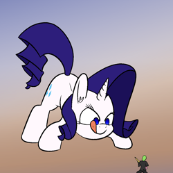 Size: 1086x1080 | Tagged: safe, artist:happy harvey, rarity, oc, oc:anon, human, pony, unicorn, g4, ear fluff, female, imminent vore, kitchen eyes, licking, licking lips, looking down, macro, macro/micro, male, mare, micro, pencil, phone drawing, ponies eating humans, raised tail, size difference, spear, tail, tongue out, weapon