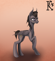 Size: 2700x3000 | Tagged: safe, artist:kirov, oc, oc only, pegasus, pony, black mane, blue coat, gradient background, high res, male, purple eyes, raised hoof, stallion, tail, wings