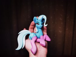 Size: 2048x1536 | Tagged: safe, artist:shuxer59, trixie, pony, unicorn, g4, butt, clothes, craft, figurine, hand, in goliath's palm, photo, plot, sculpture, size difference, smiling, socks, solo, stockings, thigh highs