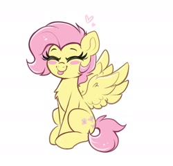 Size: 2138x2049 | Tagged: safe, artist:confetticakez, fluttershy, pegasus, pony, :p, alternate hairstyle, blush sticker, blushing, chest fluff, cute, daaaaaaaaaaaw, eyes closed, female, floating heart, full body, happy, heart, mare, raspberry, short hair, short mane, short tail, shyabetes, simple background, sitting, smiling, solo, spread wings, sticker blush, tail, tongue out, white background, wings
