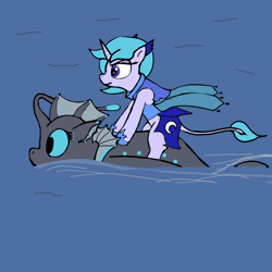 Size: 1080x1080 | Tagged: safe, artist:sprontr, oc, oc only, oc:bewitching bellflower, oc:color splash (seapony), pony, unicorn, angler seapony, animated, armor, duo, female, gif, lake, riding, swimming, water