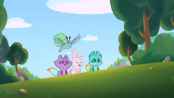 Size: 3410x1920 | Tagged: safe, screencap, pegasnail, rabbit, raccoonicorn, g5, my little pony: tell your tale, puphunt, spoiler:g5, spoiler:my little pony: tell your tale, spoiler:tyts01e26, animal, eyes closed, flying, high res, open mouth, spread wings, sweat, wings, youtube link