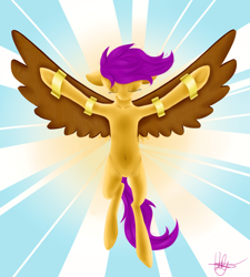 Size: 2700x3000 | Tagged: safe, artist:violyre, scootaloo, pony, g4, abstract background, attachment, belly button, eyes closed, fake wings, female, high res, icarus, scootaloo can fly, solo, this will end in death, wings