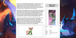 Size: 1586x815 | Tagged: safe, artist:lummh, artist:ternonadime, oc, oc only, oc:lilly luck, pony, comic:the lost sun, magicorn, reference sheet, solo, text, wiki