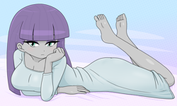 Size: 2104x1265 | Tagged: safe, alternate version, artist:batipin, part of a set, maud pie, human, equestria girls, g4, barefoot, breasts, busty maud pie, cleavage, clothes, feet, feet in the air, female, looking at you, lying down, nightgown, pajamas, prone, solo, the pose