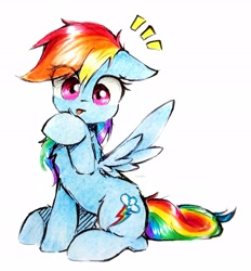 Size: 2335x2511 | Tagged: safe, artist:liaaqila, rainbow dash, pegasus, pony, g4, :p, behaving like a cat, caught, cute, dashabetes, emanata, eye clipping through hair, female, grooming, high res, hoof licking, liaaqila is trying to murder us, liaaqila is trying to murder us with dashabetes, licking, looking at you, mare, no eyebrows, simple background, sitting, solo, spread wings, tongue out, traditional art, white background, wide eyes, wings