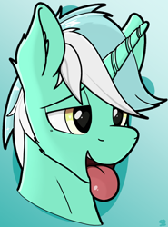 Size: 864x1167 | Tagged: safe, artist:sefastpone, lyra heartstrings, pony, unicorn, g4, abstract background, bust, digital art, fluffy, guyra, lidded eyes, male, open mouth, open smile, rule 63, smiling, stallion, tongue out