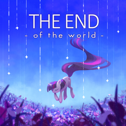 Size: 1400x1400 | Tagged: safe, artist:xellaya, twilight sparkle, pony, unicorn, g4, album cover, eyes closed, floating, flower, flower field, lavender, long tail, shooting star, solo, tail, unicorn twilight, windswept tail