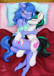 Size: 1766x2500 | Tagged: safe, artist:stainedglasslighthea, oc, oc only, oc:shadow blue, oc:sil feather, earth pony, pony, unicorn, anthro, anthro with ponies, bed, blanket, blushing, chest fluff, clothes, cuddling, cute, duo, eyes closed, female, fluffy, happy, hug, husband and wife, in love, interspecies, lying, lying down, lying on bed, male, oc x oc, on bed, panties, pillow, romantic, shipping, simple background, sleeping, smiling, snuggling, socks, stallion, straight, tanktop, thigh highs, underwear, wall of tags, weapons-grade cute, wings