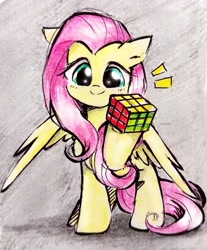 Size: 1995x2409 | Tagged: safe, artist:liaaqila, fluttershy, pegasus, pony, g4, commission, cute, female, high res, hoof hold, looking at you, mare, raised hoof, rubik's cube, shyabetes, smiling, smiling at you, solo, spread wings, traditional art, wings
